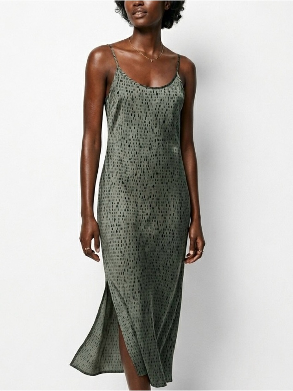 Eileen Fisher Silk Organic Cotton Green Geometric Print Camisole Dress Size PS